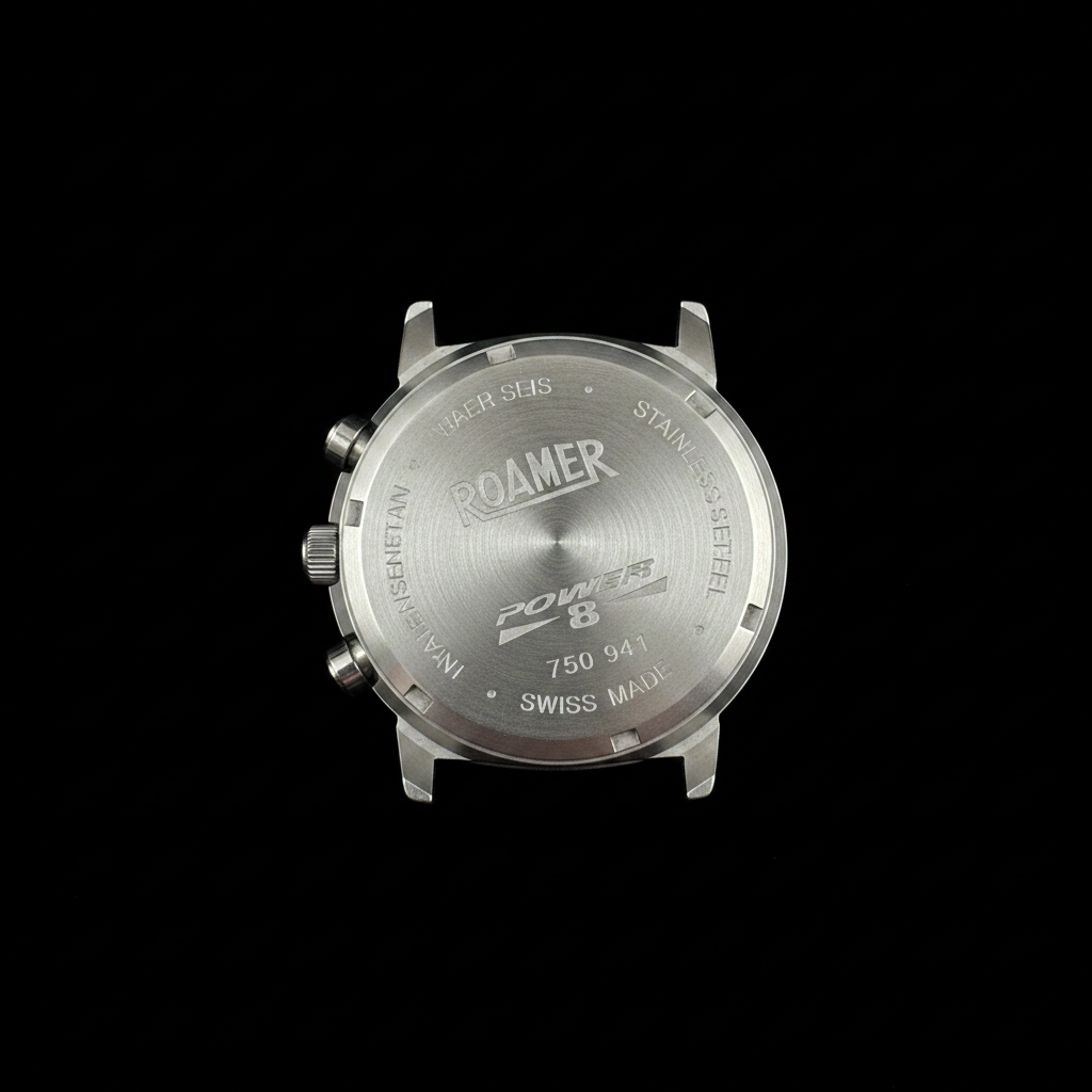 Roamer Power 8 caseback – Swiss Made stainless steel