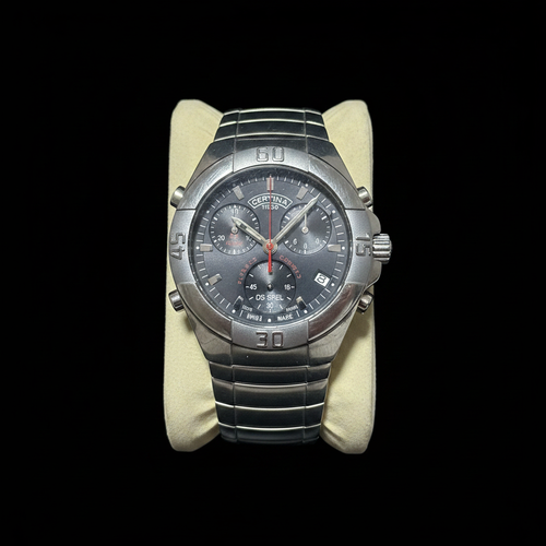 Certina DS Spel Chronograph - Front dial with tachymetre bezel on black background