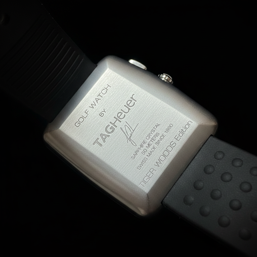 TAG Heuer Golf Watch Tiger Woods Edition - Caseback with Tiger Woods signature on black background