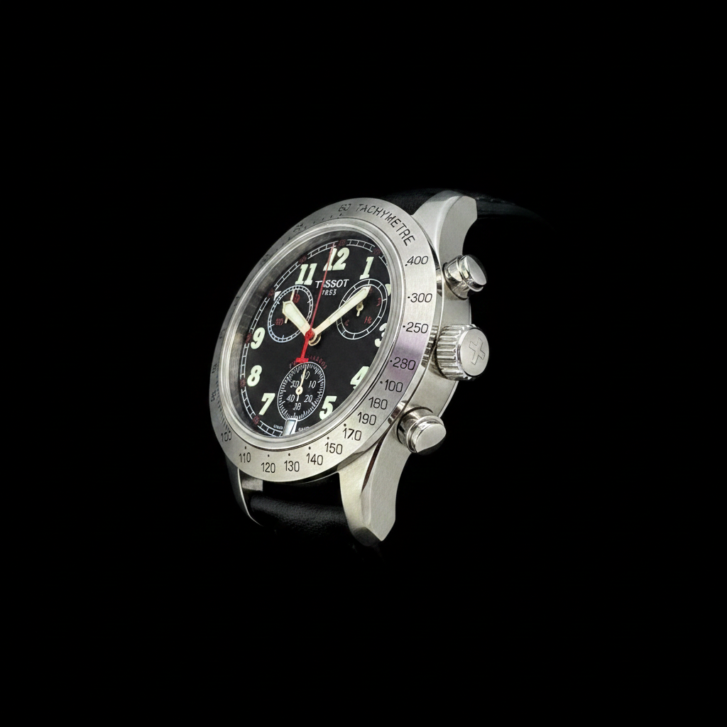 Tissot T-Sport Chronograph - Pushers side profile on black background