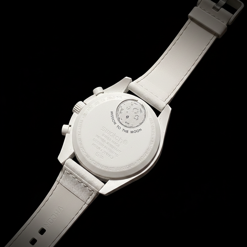 Omega x Swatch MoonSwatch - Mission to the Moon caseback on black background