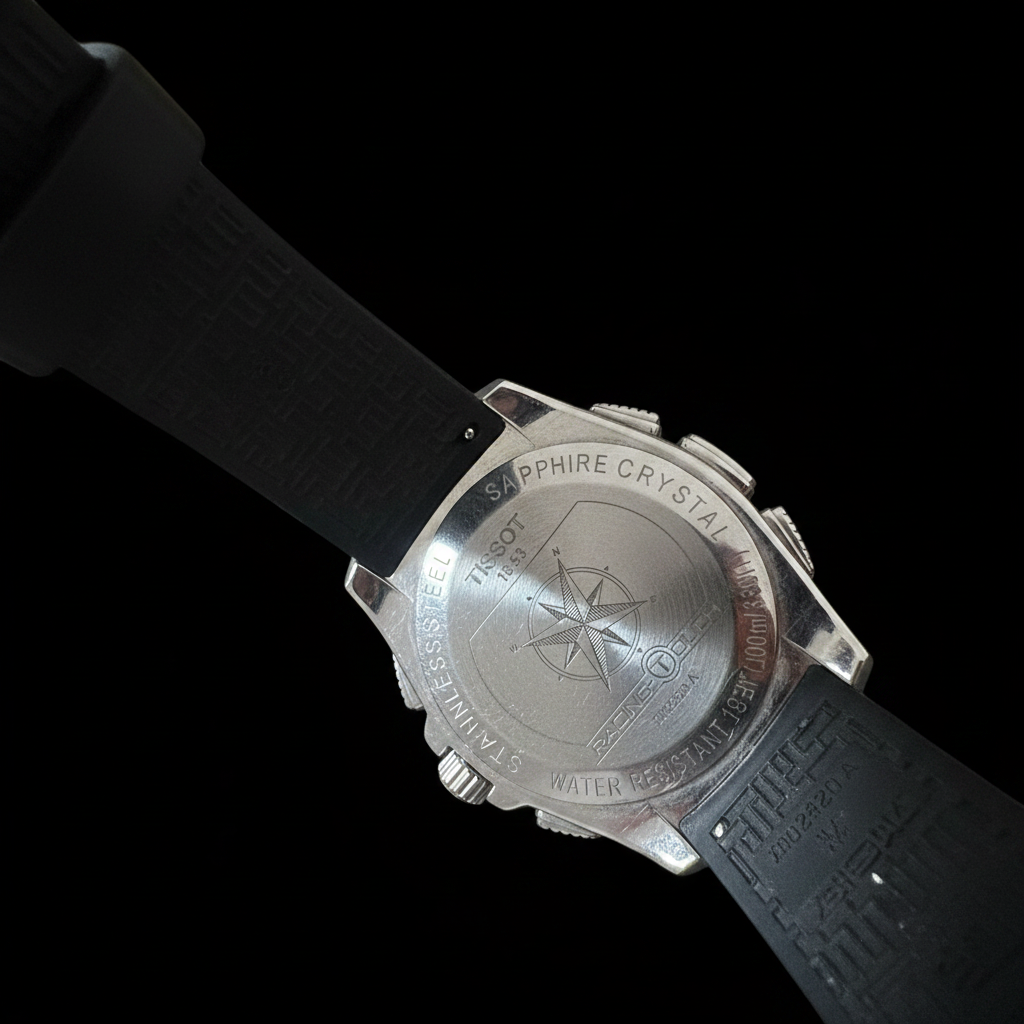 Tissot T-Race Racing-Touch - Caseback with compass rose on black background