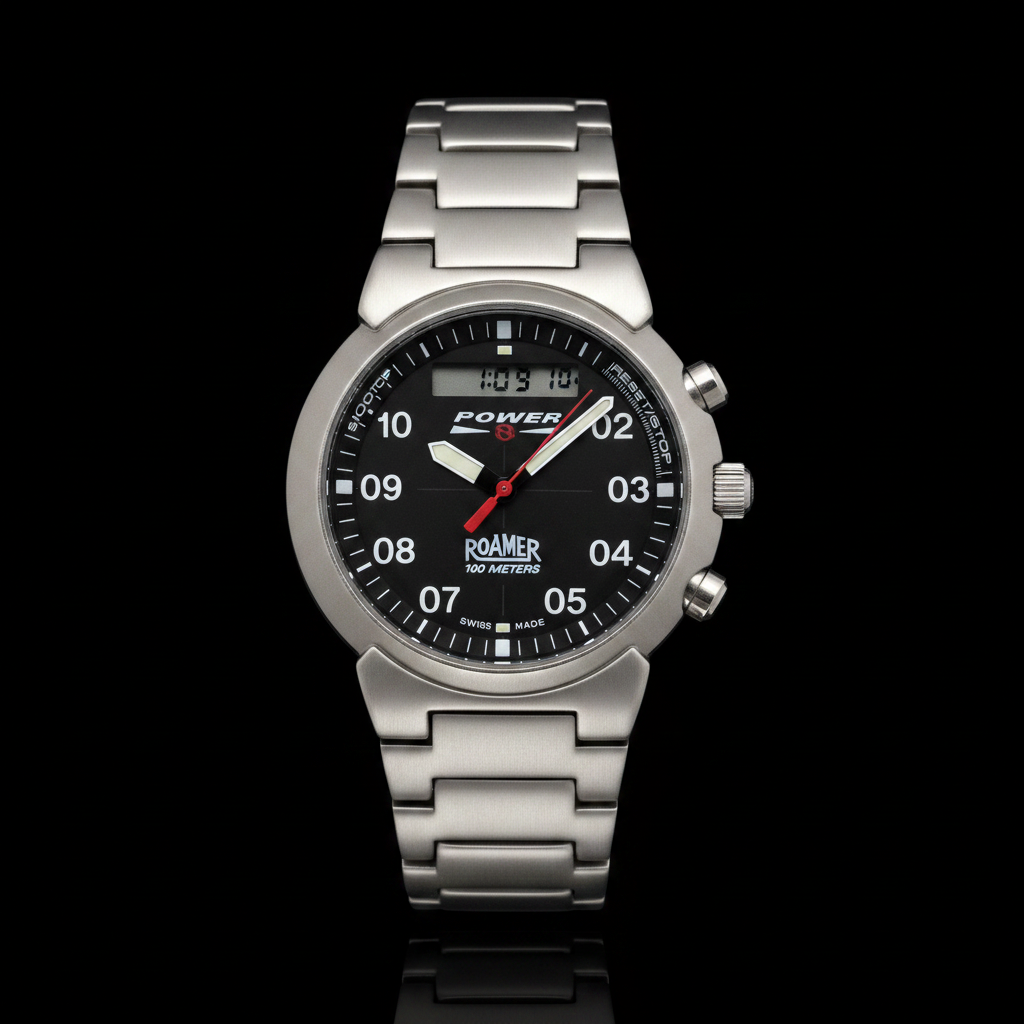 Roamer Power 8 front view – black dial ana-digi sports watch