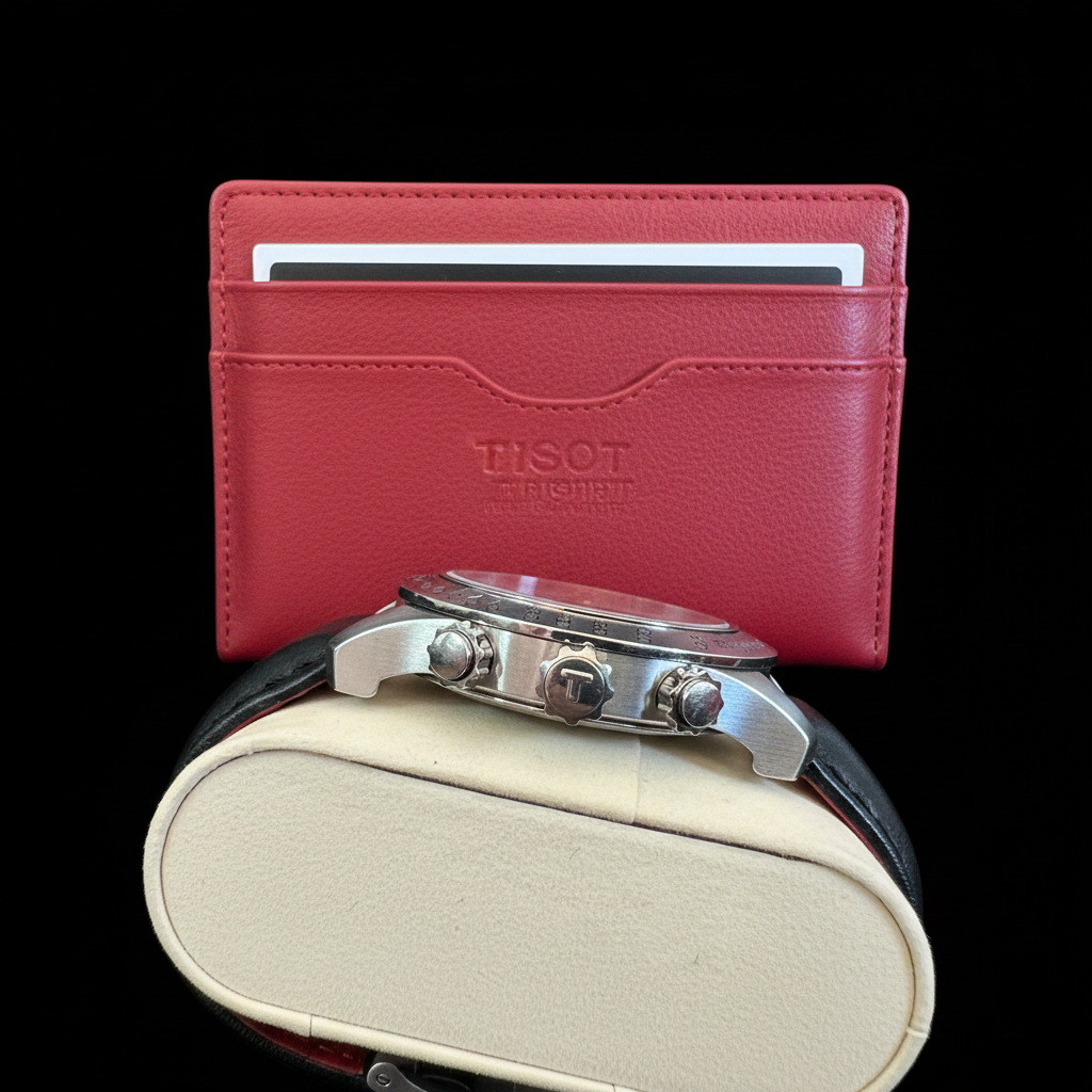 Tissot T-Sport Chronograph - Watch with original navy box and documents wallet on black background