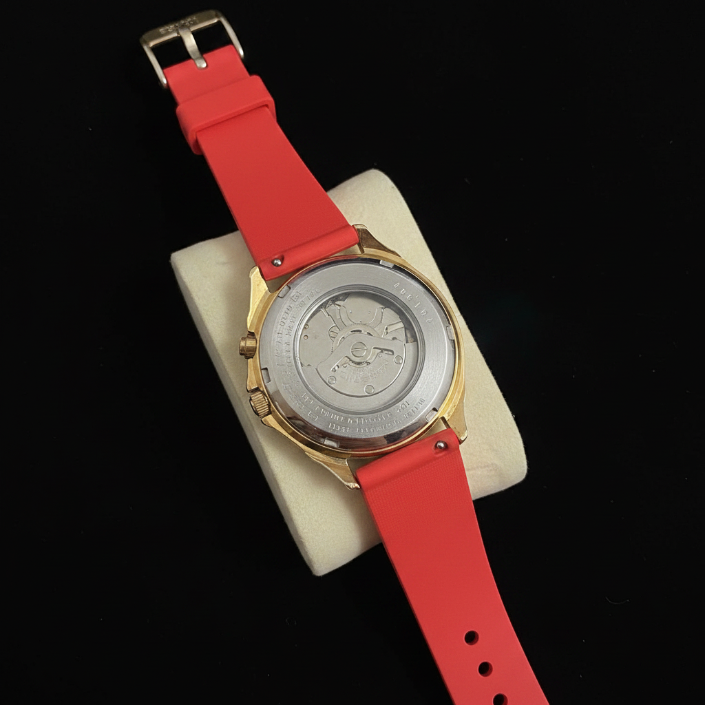 Seiko Kinetic Q50 Indicator - Open caseback showing Kinetic rotor on black background